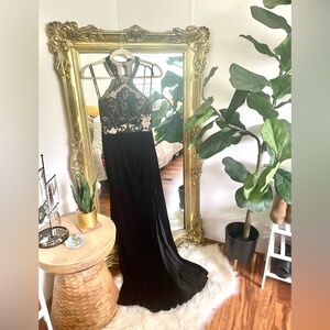 Black halter corset velvet dress with slit